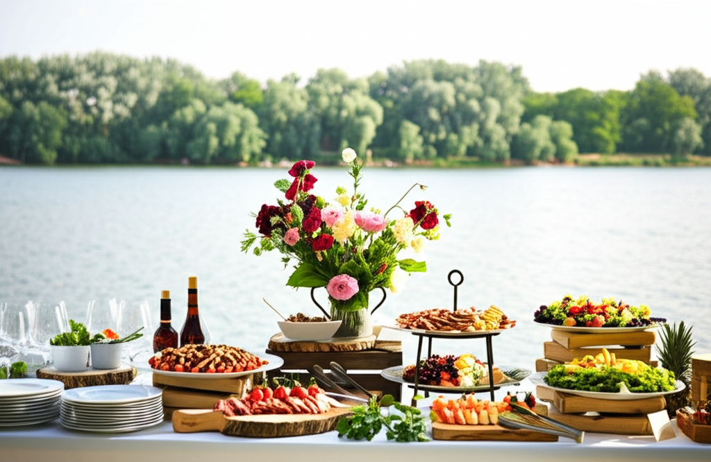Elegant outdoor catering setup with food display by a riverside
